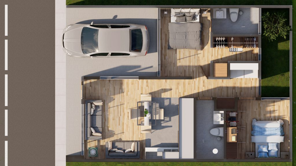 Casa tipo planta 1 Plano de planta aprobado por BCI Constructora, mostrando la distribución interior detallada y funcional de una vivienda.