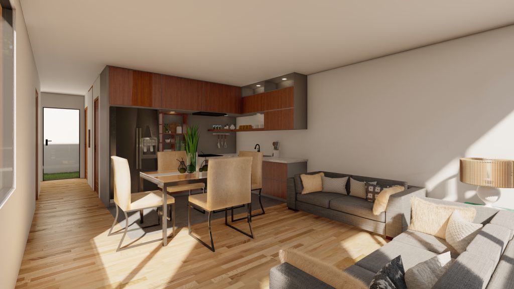 Casa tipo planta 5 Diseño interior moderno de sala y comedor en un proyecto de BCI Constructora en Quito, con planos aprobados y total seguridad legal.