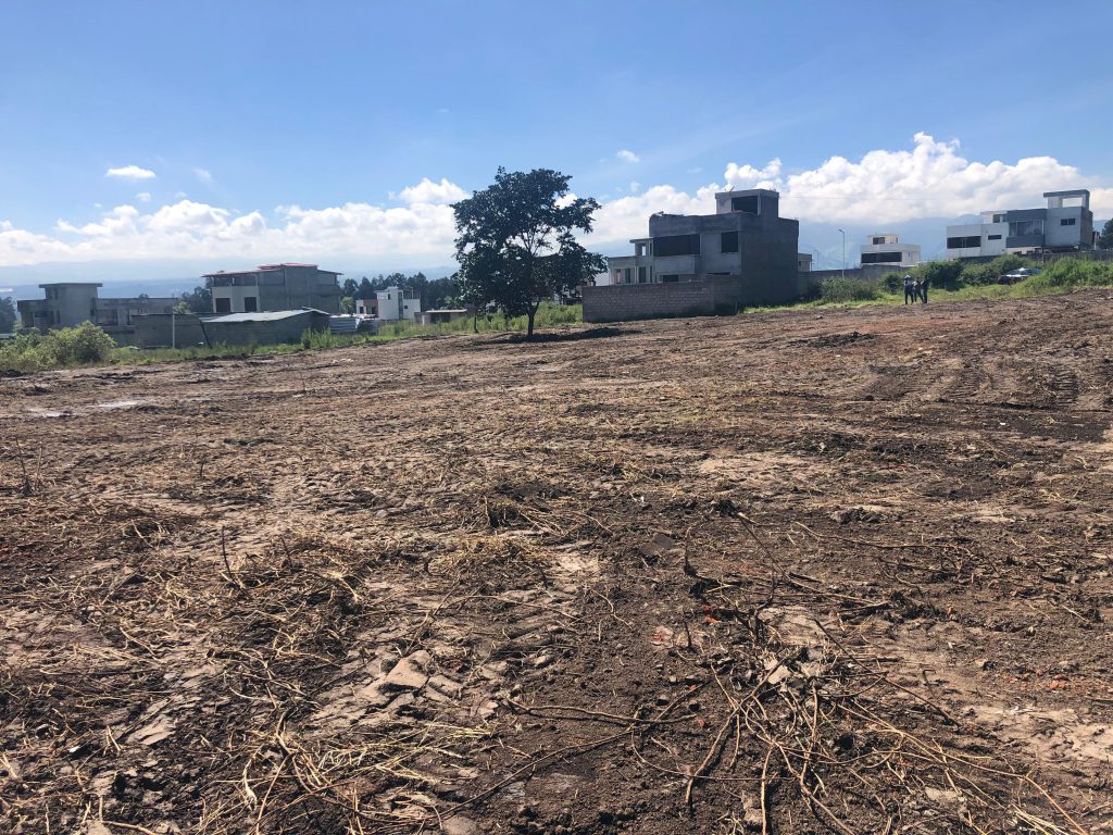 Terreno limpio con restos de maleza, mostrando el avance en la limpieza para inversión en Conocoto La Salle.